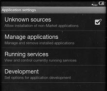 Unknown sources checkbox (this allows installations of non-Market applications)
